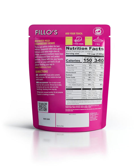10 oz 6, Fillo's Refried Beans - Made with Roman Borlotti Beans aka Cranberry Beans, Ready to Eat, Pk of Gluten-Free