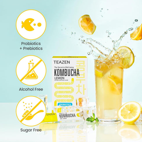 TEAZEN Lemon Kombucha Tea, Hydration Drink Mix, Sugar Free with Live Probiotics & Prebiotics, 10 Sticks