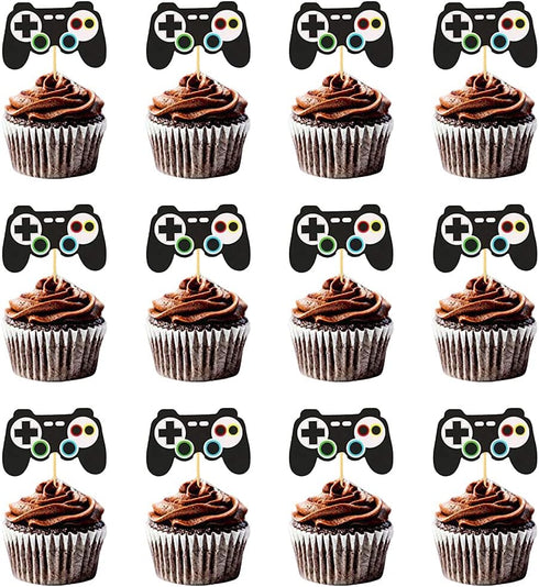 24 Pcs Video Game Controllers Cupcake Toppers - Gamepad Picks for Kids' Birthday Cake Decor.