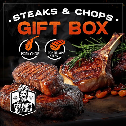 1 (6 oz) 1 (14 oz) Packages Grumpy Butcher Steak & Pork Chop Meat Gift Box Beef Top Sirloin Steak & Duroc Bone-in Pork