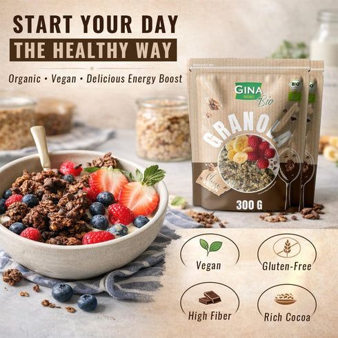 GINA Bio 300g- 2pk Organic Granola with Cocoa, Pecans & Fruits for Daily Meals - Gluten Free Vegan Granola Ideal