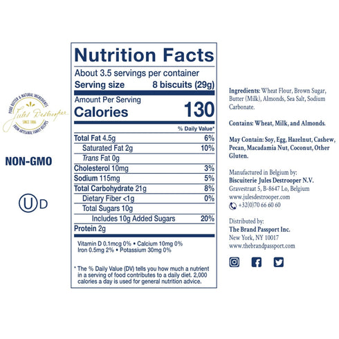 3.5 Oz Jules Destrooper Almond Thins - Caramelized Almond Cookies, Certified Kosher Dairy, Non-GMO, Authentic Biscuits