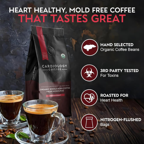 12oz Cardiology Coffee Whole Bean Coffee USDA Certified Organic, Mold Free Premium Medium Roast Organic Coffee Beans