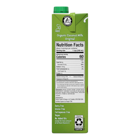 32 oz (Pack 3) Pacific Foods Organic Coconut Milk, Plant Based Milk, Carton