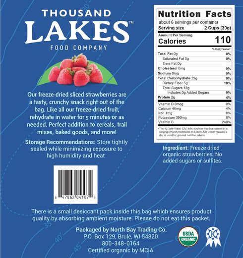 6 100% Thousand Lakes Freeze Dried Fruit - ORGANIC Strawberries - Bulk ounces | No Sugar Added | Sliced Organic