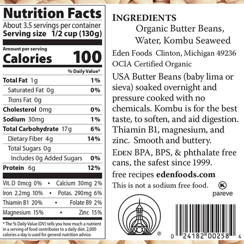 15 oz Eden Organic Butter Beans, Can
