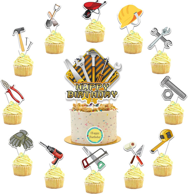 25 Pcs Tools Cake Topper, Cupcake Toppers for Tools Party Decorations, Tool Birthday Party Supplies