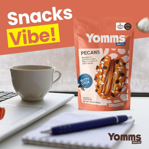 Yomms 3.5 oz, 3.5oz Nutty Chia Glazed Whole Pecan Halves, Gluten-Free & Non-GMO Healthy Dessert Snack Low Sugar Chia