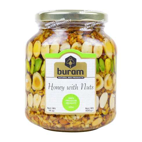 Buram Honey with Nuts 14 oz - Healthy Protein Snacks - Peanuts,