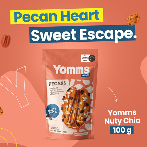 Yomms 3.5 oz, 3.5oz Nutty Chia Glazed Whole Pecan Halves, Gluten-Free & Non-GMO Healthy Dessert Snack Low Sugar Chia