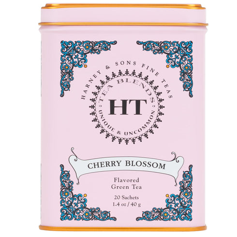 Harney & Sons Caffeinated Blossom Green Tea Tin Sachets Pink 31629, Cherry,