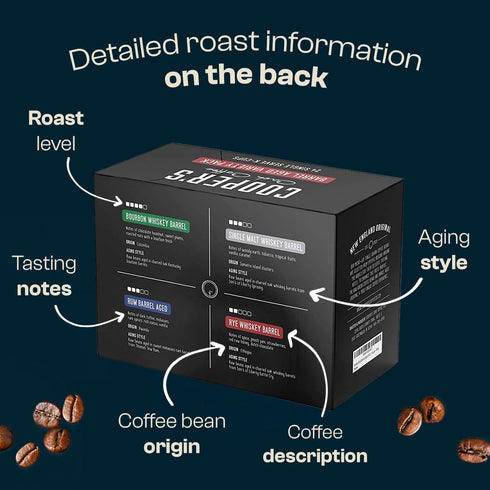 Pack Set 24ct Coopers Cask Coffee Bourbon Barrel Aged Coffee Pods Variety - Single Serve Cups, Bourbon, Rye Whiskey