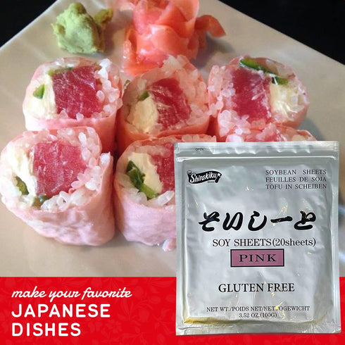 20 (3.52 Oz) Shirakiku Pink Sushi Soy Wrapper- Authentic Japanese Gluten-Free Wraps for Tofu, sushi | Soy Proteins