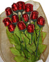 FavorOnline Dozen One Long Stem Red Chocolate Roses Bouquet Gift Wrapped in Gold Netting with Ribbon