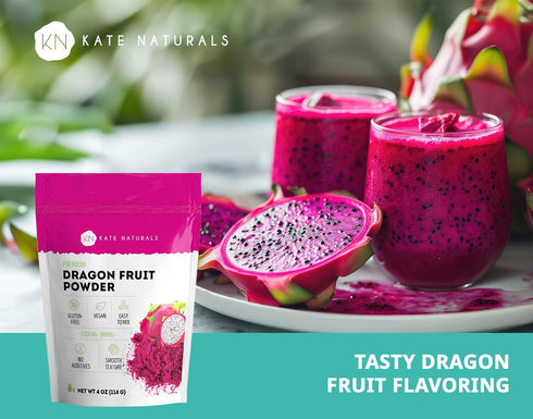 Kate Naturals 4oz Dragon Fruit Powder for Baking & Drinks, Vegan Gluten Free Dried Pink Pitaya Powder