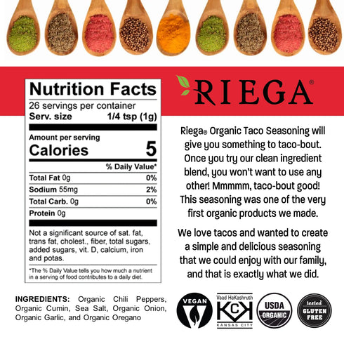 Riega Organic Taco Seasoning, 0.9 Ounce (Pack of 8), Perfect Tex Mex Spice Mix