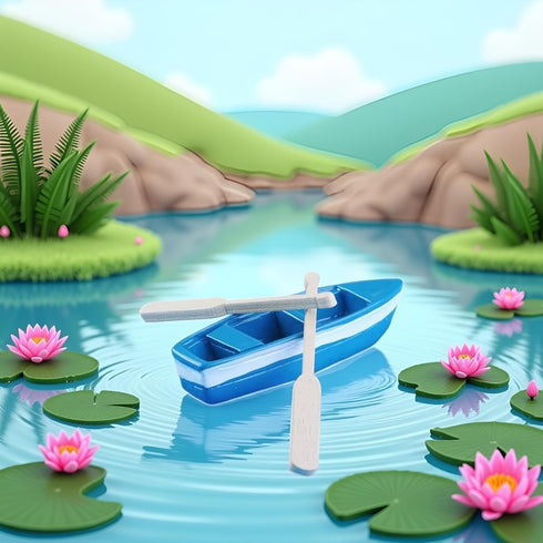 Yxinjy 1 Set Lovely Miniature Blue Rowboat Little Resin Boat Canoe Model with Oars for Miniature Cake Topper Decoration