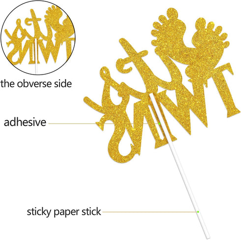 LHCING 1st It's Twins Gender Reveal Cake Topper - Baby Birthday Loveable Gold Glitter Footprints Cake Topper - Gender