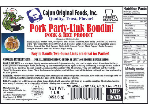 Cajun Original Foods 8 (1 lb). Frozen Pork Boudin Sausage Party Links, Links Cajun Seasoned, Ready to Cook Ground Pork