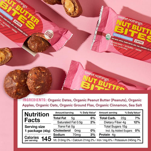 2 Pack 7 Sweet Nothings, Superfood Nut Butter Bites Organic Snack, Apple Cinnamon with Peanut Butter, Bite - No Added