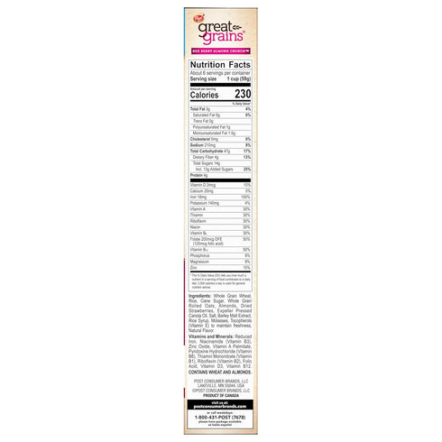 Great Grains 13 OZ Red Berry Almond Crunch Cereal, Strawberry Cereal with Granola Clusters and Sliced Almonds, Non-GMO