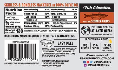 20g 4.37 Oz, 12-Pack Season Mackerel in Olive Oil - Skinless & Boneless, Wild Caught Fish, Keto Snacks, Canned Mackerel