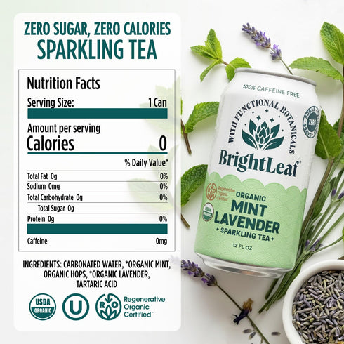 12oz BrightLeaf Mint Lavender Sparkling Tea for Relaxation and Digestion Caffeine-Free, Zero Sugar, Calories
