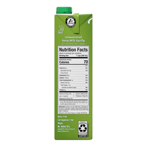 32 oz (Pack 6) Pacific Foods Unsweetened Vanilla Hemp Milk, Plant Based Milk, Carton