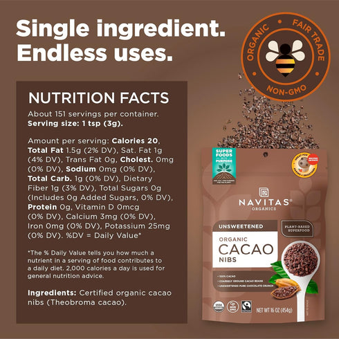 (16oz. 151 Navitas Organics Cacao Nibs Unsweetened Dark Chocolate Crunch Antioxidants, Minerals, Fiber For Trail Mix