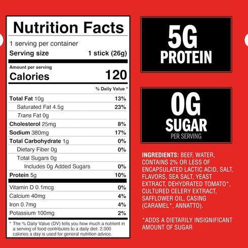 (20 Pack) 0.92 oz 5g 100% Jack Link's Original Zero Sugar Beef Sticks - Meat Sticks - Ready to Eat Protein Snacks