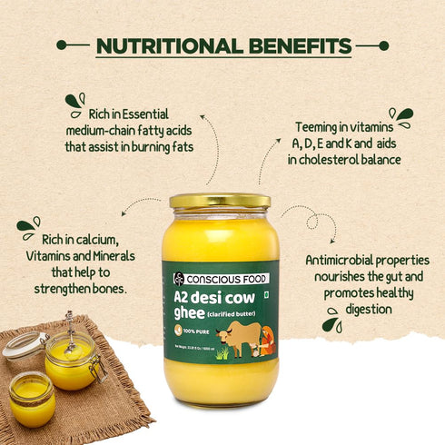 A2 33.814 Oz (1L), 100% Conscious Food Desi Cow Ghee - Fl Clarified Butter - Pure and Premium, Cultured Ghee, Natural