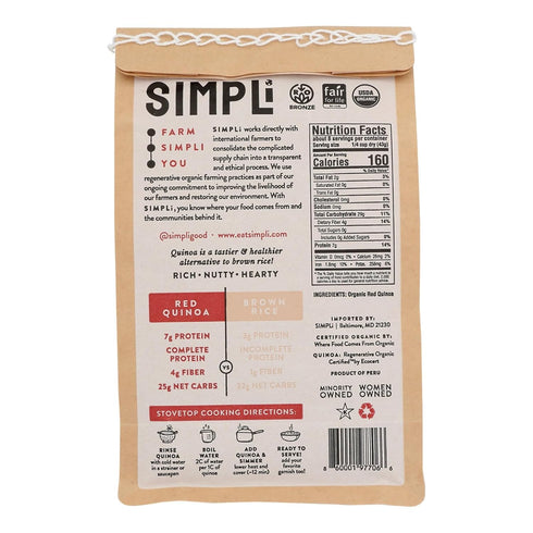 12 OZ SIMPLi Regenerative Organic Certified Red Quinoa, Organic Quinoa Ancient Grain, Naturally Gluten-Free and High