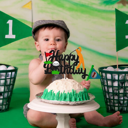 Golf Birthday Cake Topper, Happy Birthday Sign for Sport Themed Party Decorations, Black Glitter Décor
