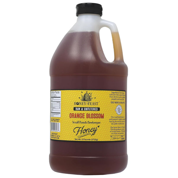HONEY FEAST 6 Pounds Raw Orange Blossom Honey - All Natural, Unfiltered,