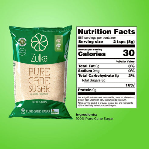 2 Lb Zulka Pure Cane Sugar, - All-Natural, Non-GMO, Certified Vegan, Bone-Char Free & Kosher Pareve