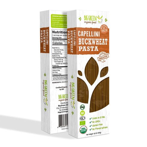 Big Green Organic Food Organic Buckwheat Capellini, 8.8oz, Gluten-Free, Non-GMO, 100% Buckwheat (1 Pack)