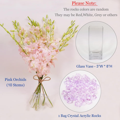 10 Athenas Garden Fresh Cut Peachy Pink Orchids Stems Dendrobium Orchids Flowers with Vase and Rocks