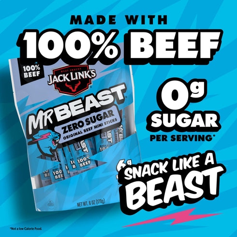 6g 100% 12 Count Jack Links x MrBeast Beef Sticks, Zero Sugar Mini Beef Sticks, As Seen on Beast Games, Protein, Made