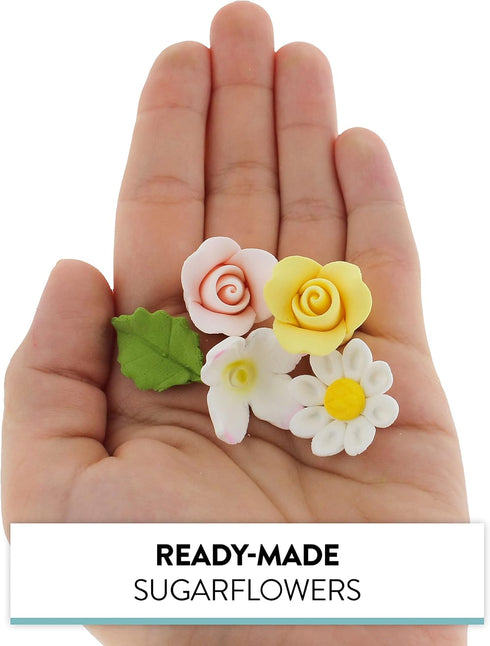 Summer 42 Count 60 Global Sugar Art Blossom, Roses and Leaves Edible Sugar Cake & Cupcake Flowers, Assorted Colors