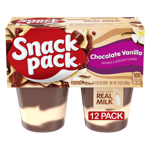 Snack Pack Chocolate Vanilla Flavored Pudding Cups, 3.25 oz., 4-Count (Pack of 12)