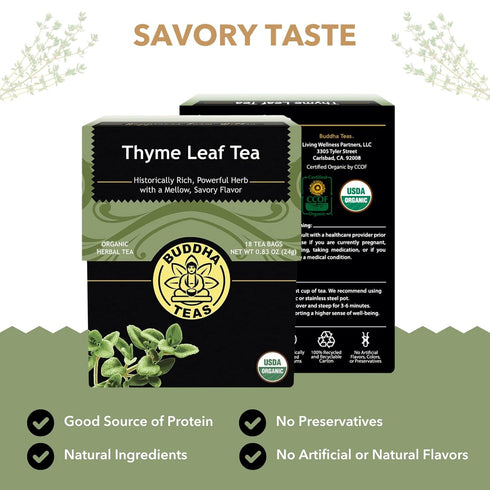 Buddha Teas Organic Thyme Leaf Herbal Tea - Caffeine Free - Antioxidants & Minerals - 18 Tea Bags