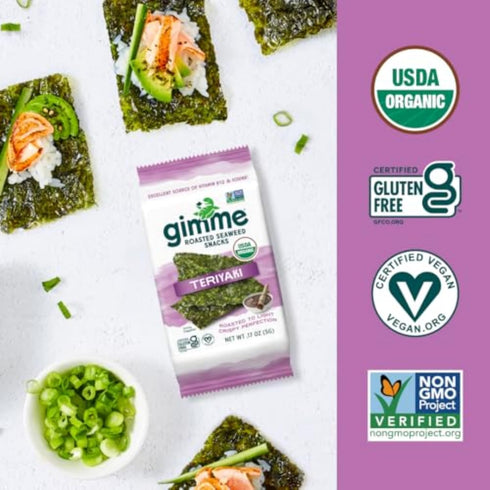Gimme 6 Count, Omega3s Seaweed Organic Premium Roasted Seaweed Snacks, Teriyaki, Keto, Vegan, Gluten-Free, Great Source