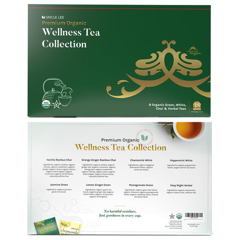 Uncle Lee’s Organic Tea Variety Gift Set, Wellness Collection with 8 Teas (6 Bags Each) in Premium Gift Box