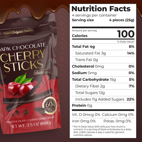 3.5 oz (Pack 1) BeeMax Dark Chocolate Covered Dried Cherry Sticks - Resealable Pouch of - Non-GMO, Premium Belgian dark