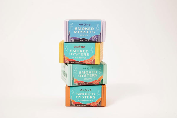 Ekone Premium Tinned Seafood Sampler (4 pack) Smoked Oysters and Mussels, Farm