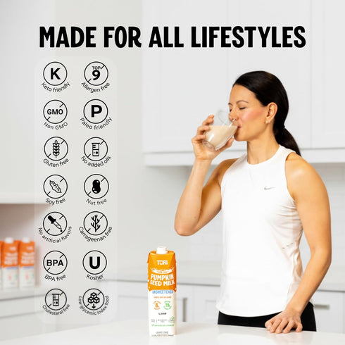 30 0g Whole30 32 oz (6 Pack) Tori Pumpkin Seed Milk, Unsweetened Only Calories, Sugar | Plant-Based, No Emulsifiers, No