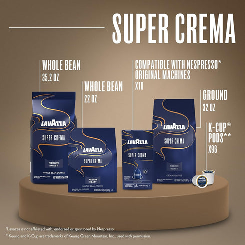 2.2 lb (Pack 2) Lavazza Super Crema Whole Bean Coffee, Medium Espresso Roast, Arabica and Robusta Blend, Bag