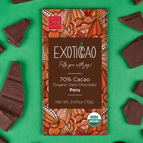 Exoticcao 8 Pack Free|70% Cacao|2.47 oz Organic Dark Chocolate Bars|Cane Sugar|Gluten-Free, Vegan, Non GMO,Dairy free