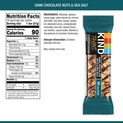 KIND THINS Dark Chocolate Nuts & Sea Salt Bars, Gluten Free, 4g Sugar, 10 Count, 0.74 oz Bars