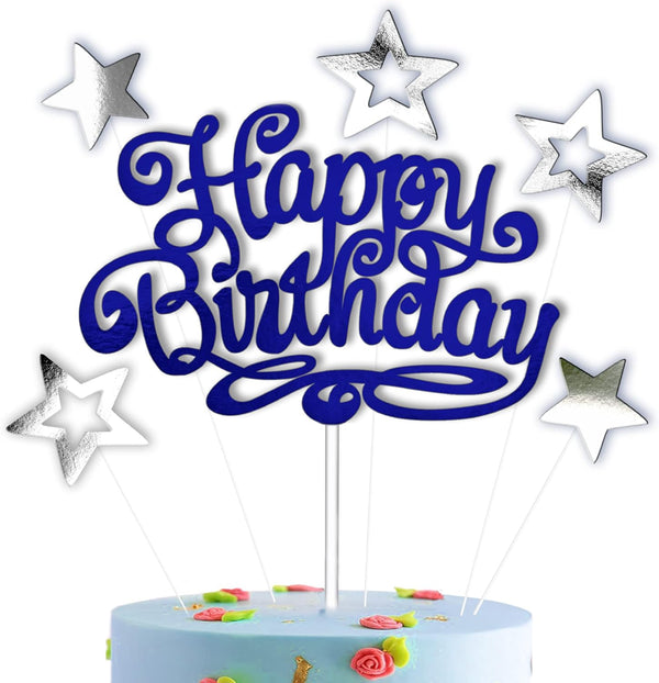 Blue Happy Birthday Cake Topper with 5 Double Sided Silver-Gold Stars